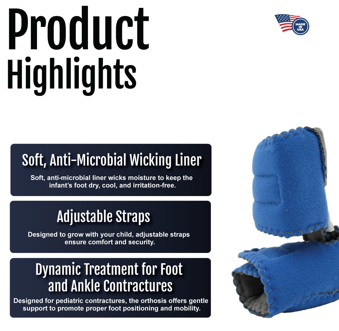 Blue baby foot orthosis with adjustable straps and soft, textured lining for antimicrobial comfort.