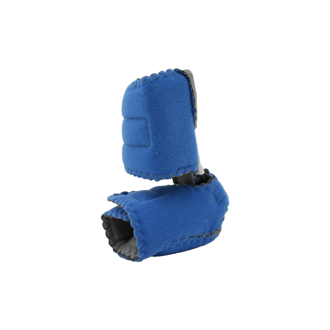 Blue padded baby foot orthosis with adjustable straps and black inner lining.