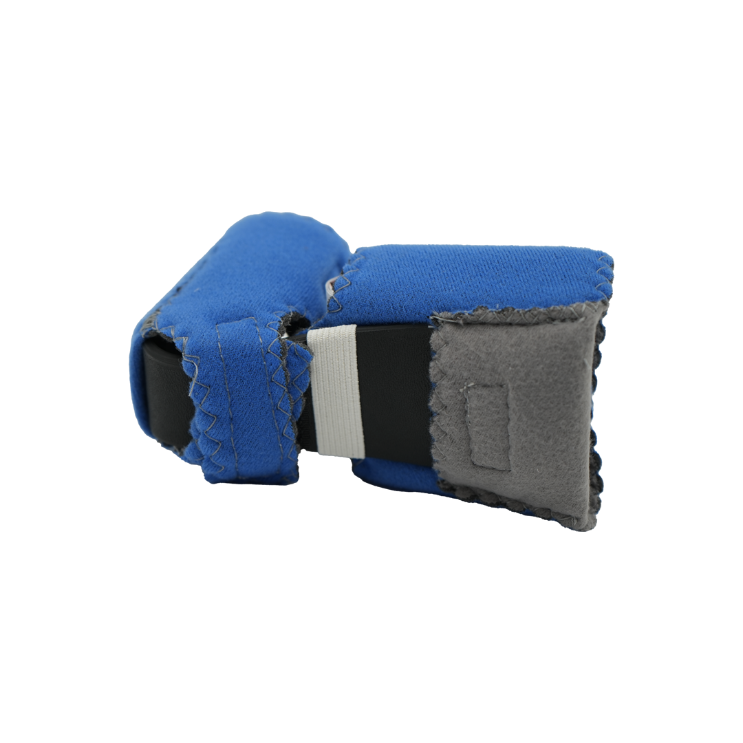 Blue and gray padded baby foot orthosis with adjustable straps and soft cushioning.