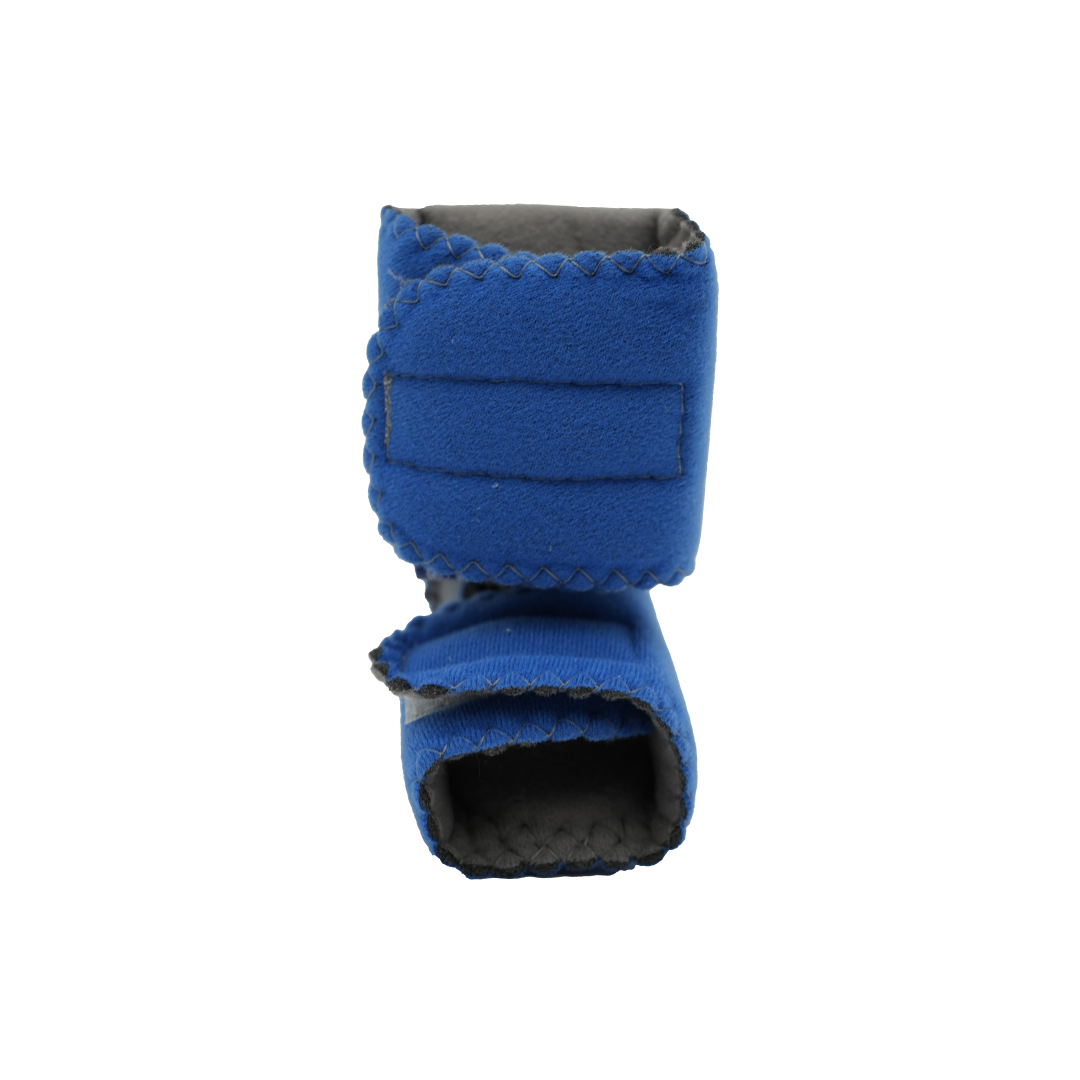 Blue baby foot orthosis with soft padding and adjustable Velcro straps.