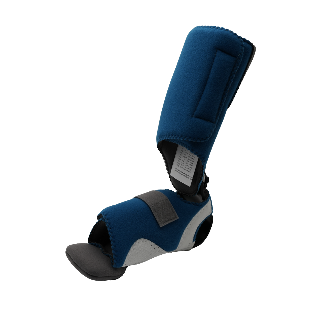 Blue and gray orthopedic foot drop splint with adjustable straps and cushioned support.