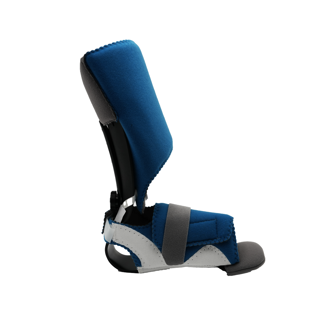 Blue and gray orthopedic foot drop splint with adjustable straps and cushioned support.
