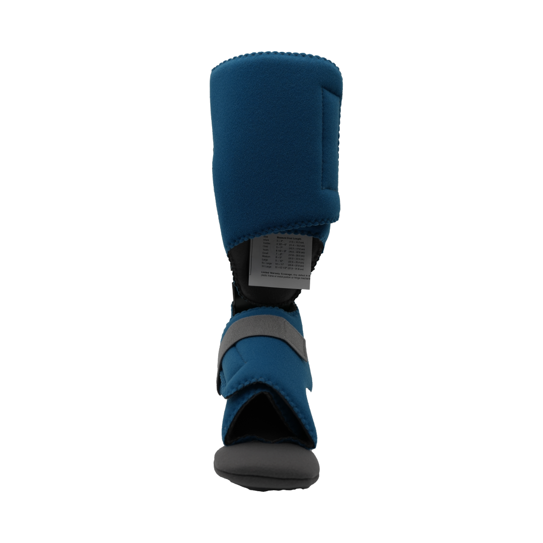Blue orthopedic foot drop splint with adjustable straps and cushioned support.