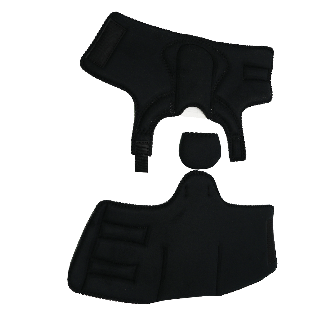 Black adjustable padded orthotic straps and cushioned heel protector with hook-and-loop fasteners.