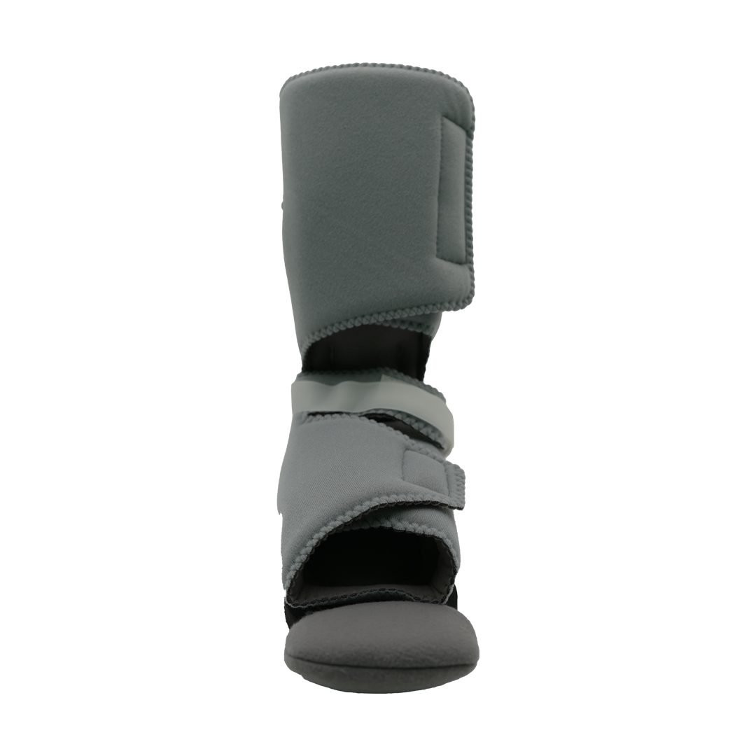 Gray ankle foot orthosis with cushioned straps and ambulatory attachment, designed for support and stability.