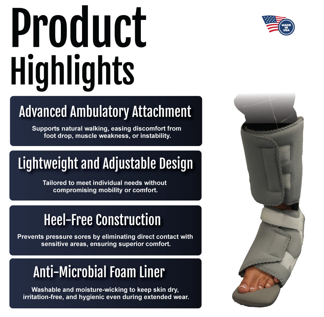 RCAI ankle foot orthosis features lightweight adjustable design with advanced ambulatory attachment and anti-microbial foam.