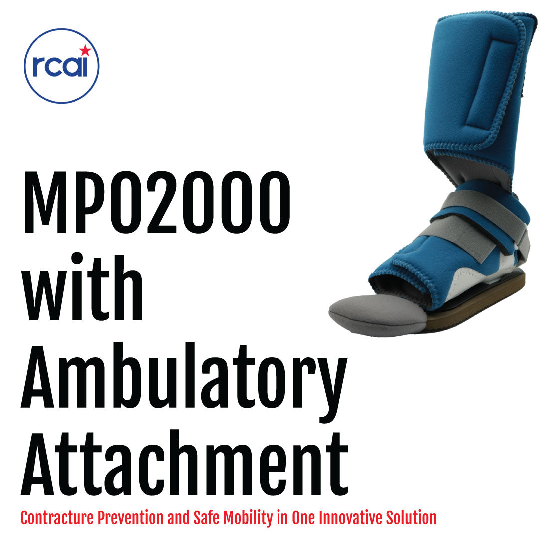 Blue medical ambulatory attachment brace with adjustable straps on foot and lower leg.