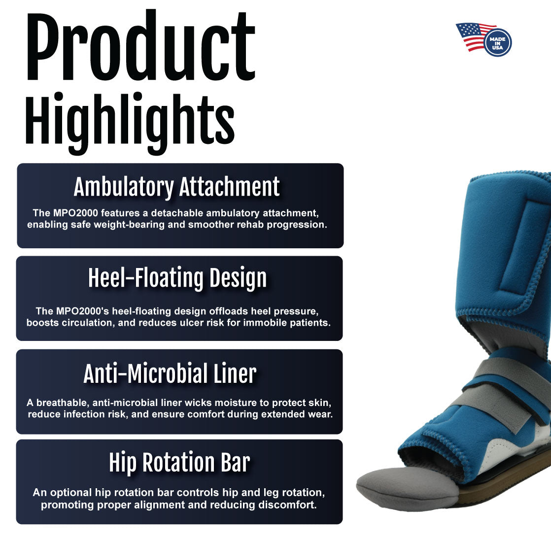 Blue MPO2000 device with detachable ambulatory attachment showing ergonomic design details and anti-microbial liner features.