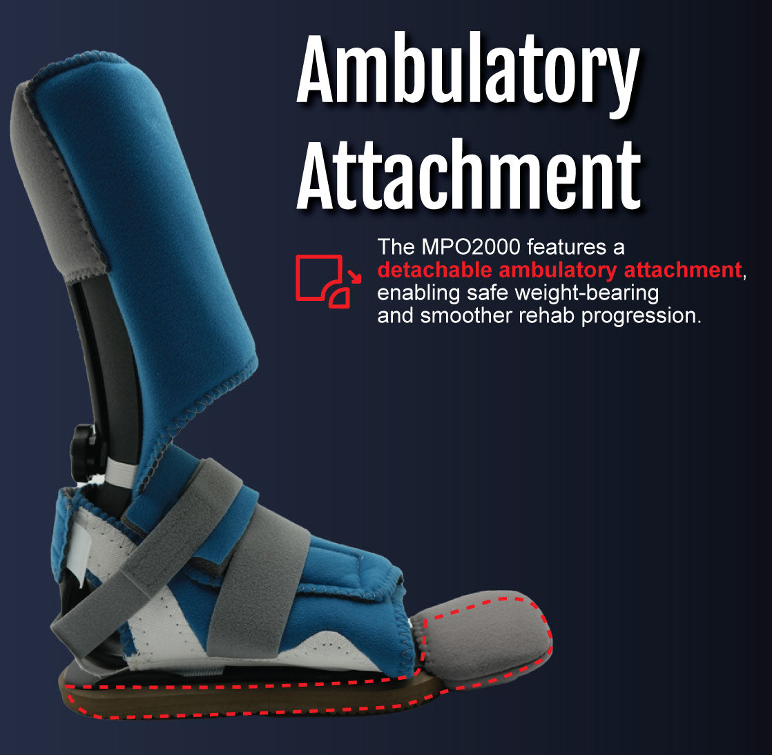 Blue MPO2000 foot orthotic with adjustable gray ambulatory straps and padded heel support.