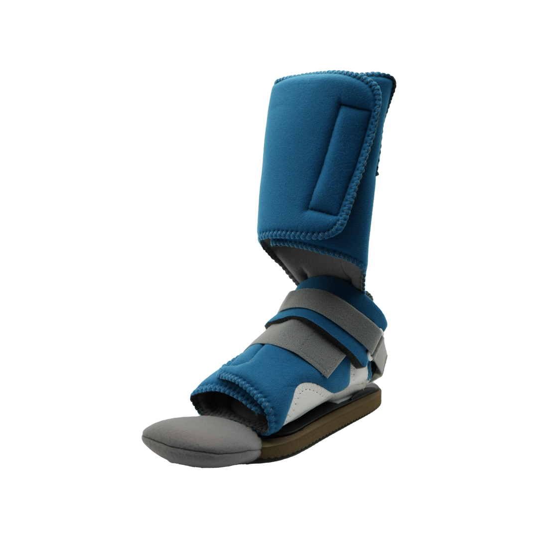 Blue orthopedic foot and ankle brace with adjustable straps and cushioned sole, designed for support and mobility.