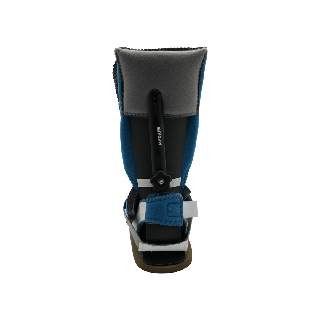 Rear view of black and blue MPO2000 orthopedic brace with ambulatory attachment and adjustable straps.