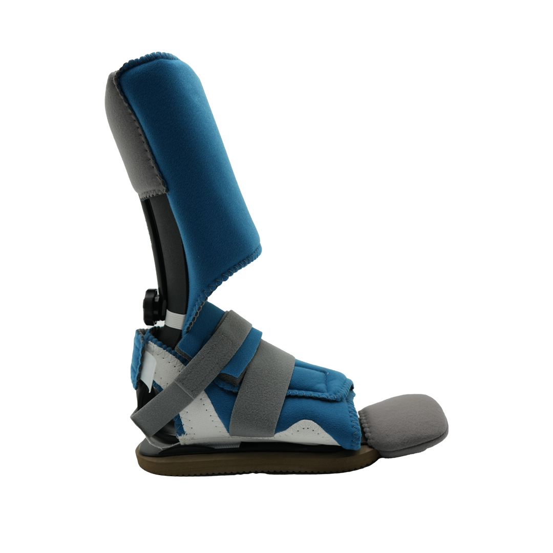 Blue orthopedic foot brace with gray straps and cushioned sole in side profile.