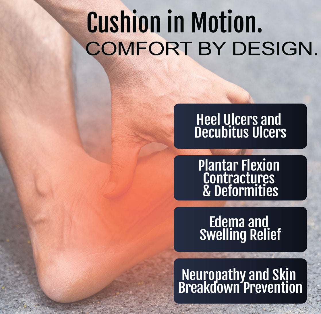 Close-up of a bare heel with MPO Active ambulatory cushion supporting foot and text highlighting ulcer and swelling relief.