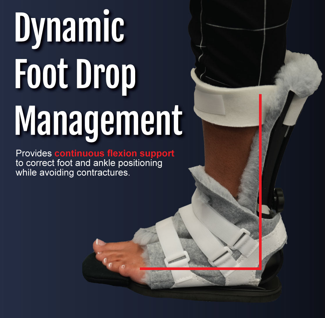 Adjustable white ankle-foot orthosis with padded straps and rigid sole supporting foot and ankle flexion.