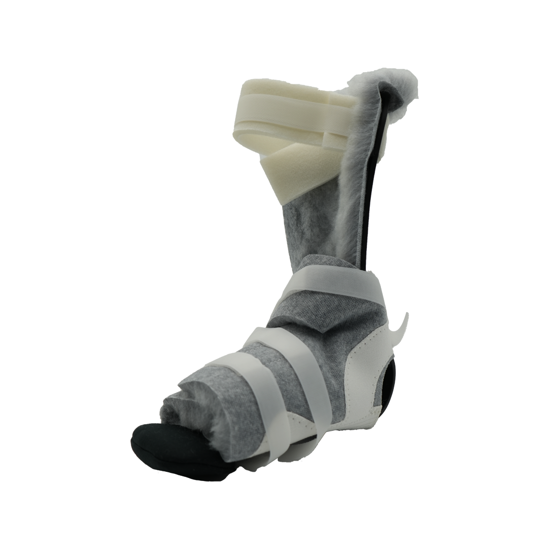 Gray and black medical foot brace with white adjustable straps and rigid ankle support.