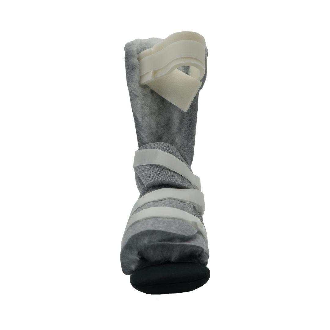 Gray orthopedic leg brace with white adjustable straps and black sole attachment.