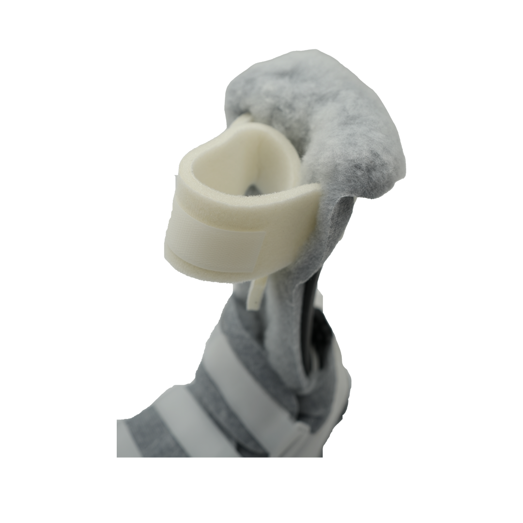 Gray and white MPO Active brace with cushioned ambulatory attachment and adjustable strap.