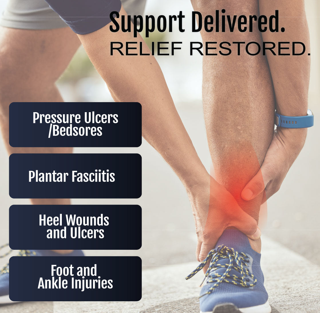 Soft heel suspension boot shown on ankle with blue athletic shoe and red highlighted heel pain area.
