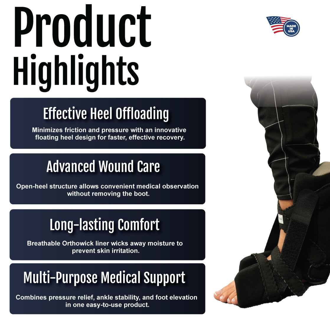Soft Heel Suspension Boot product highlights with text on advanced wound care and medical support features.