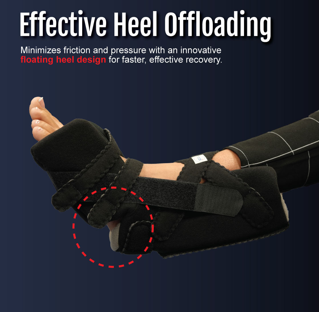Black soft heel suspension boot with adjustable straps and floating heel design on leg with black compression garment.