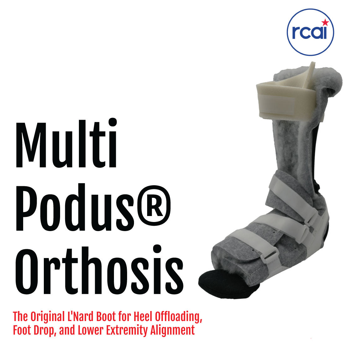 Gray and black Multi Podus orthosis boot with adjustable straps and cushioned upper support.