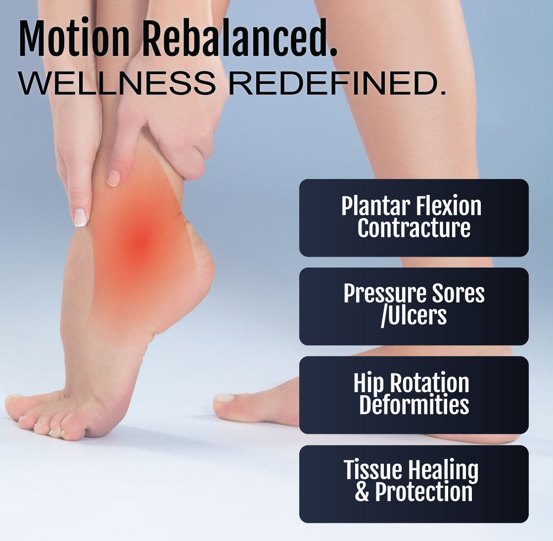 Bare feet with a red highlighted ankle and heel indicating pain or pressure points against a light blue background with.