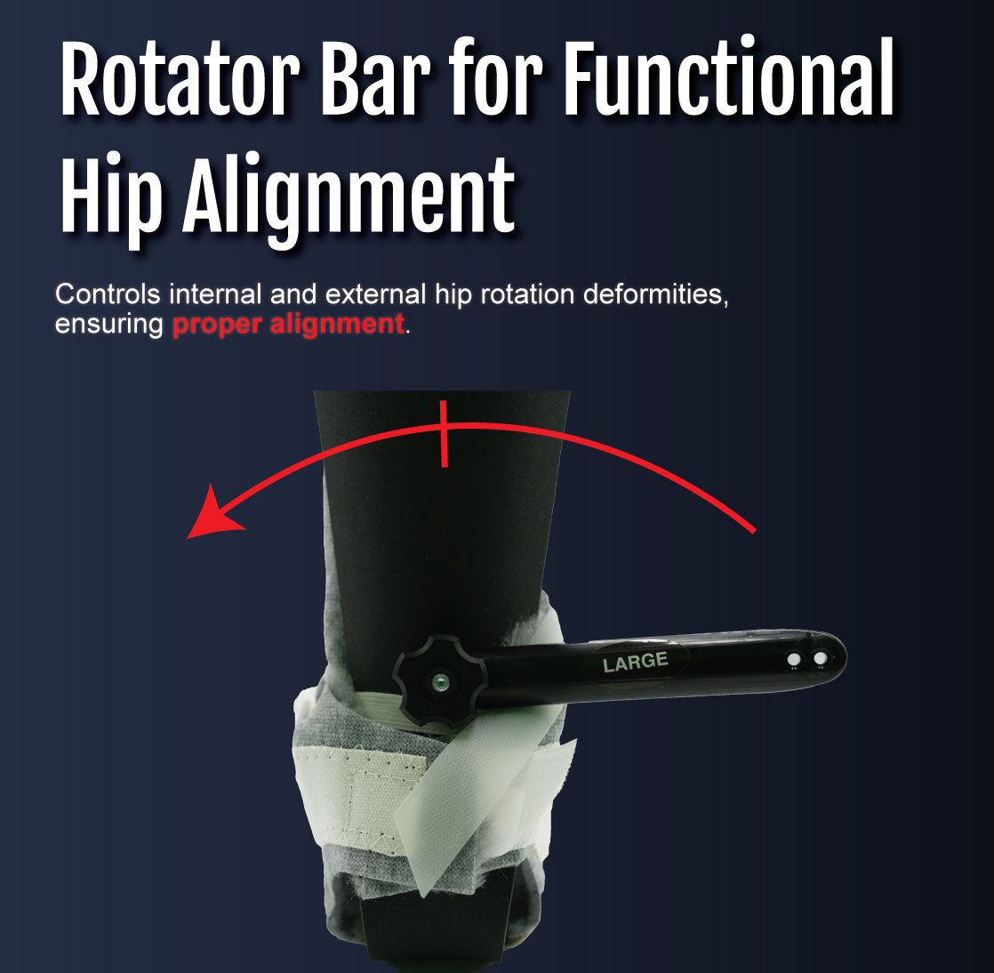 Black adjustable rotator bar attached to white orthosis boot with text about hip alignment on dark background.