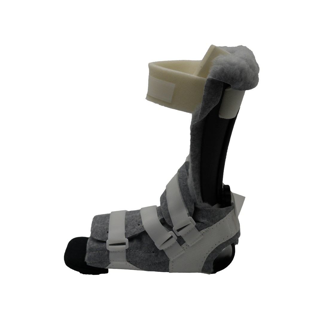 Gray and black orthotic foot and ankle brace with multiple adjustable straps and padded support.