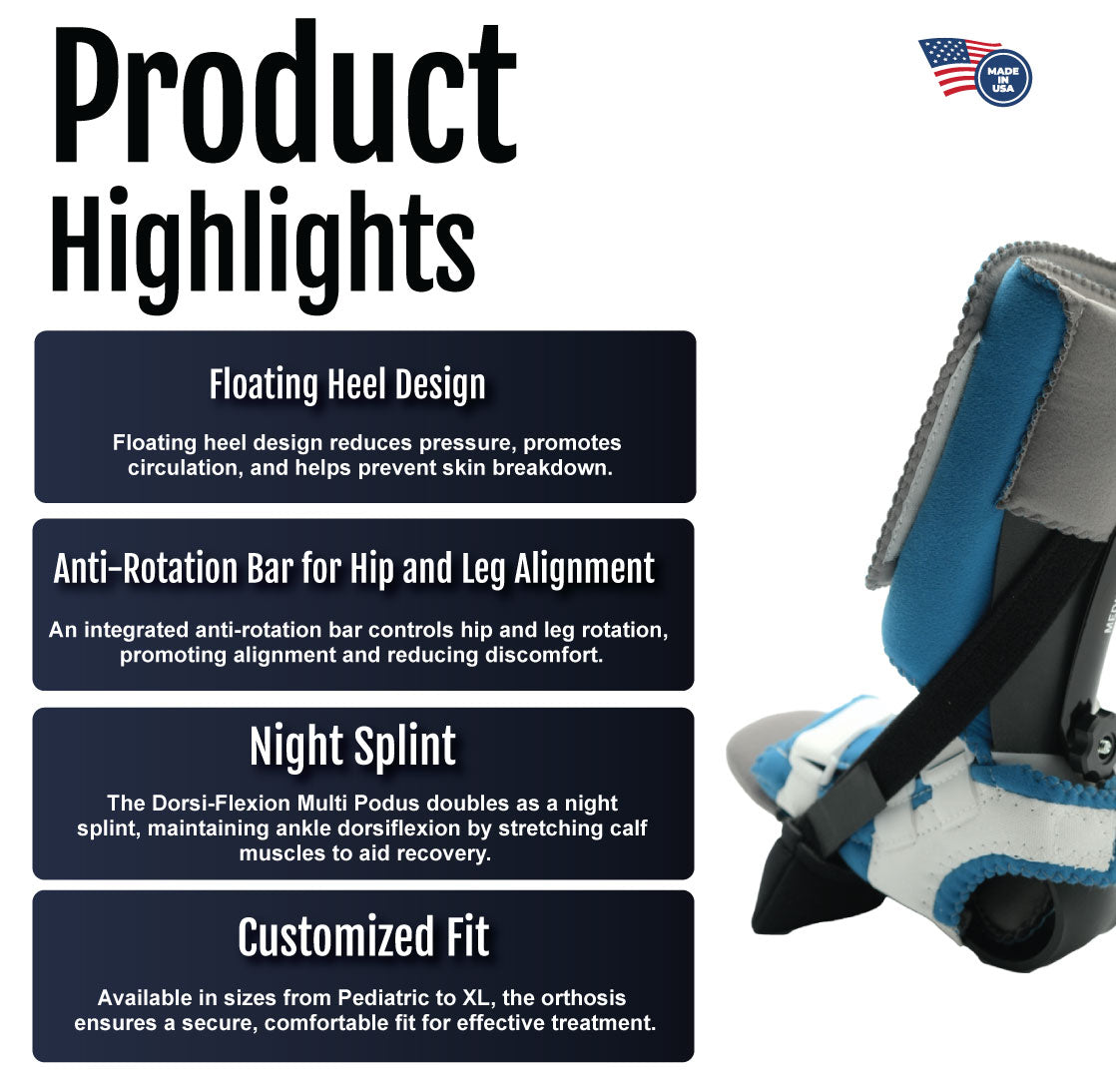 Dorsi-Flexion Multi Podus installation guide with product highlights text and partial view of the product edge in blue and.