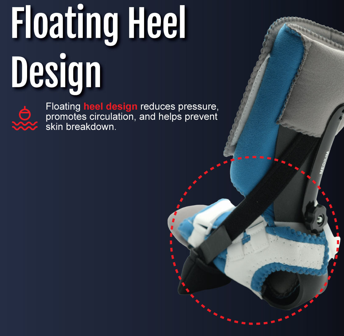 Pediatric orthopedic brace with floating heel design, blue and white padding, and black support straps.