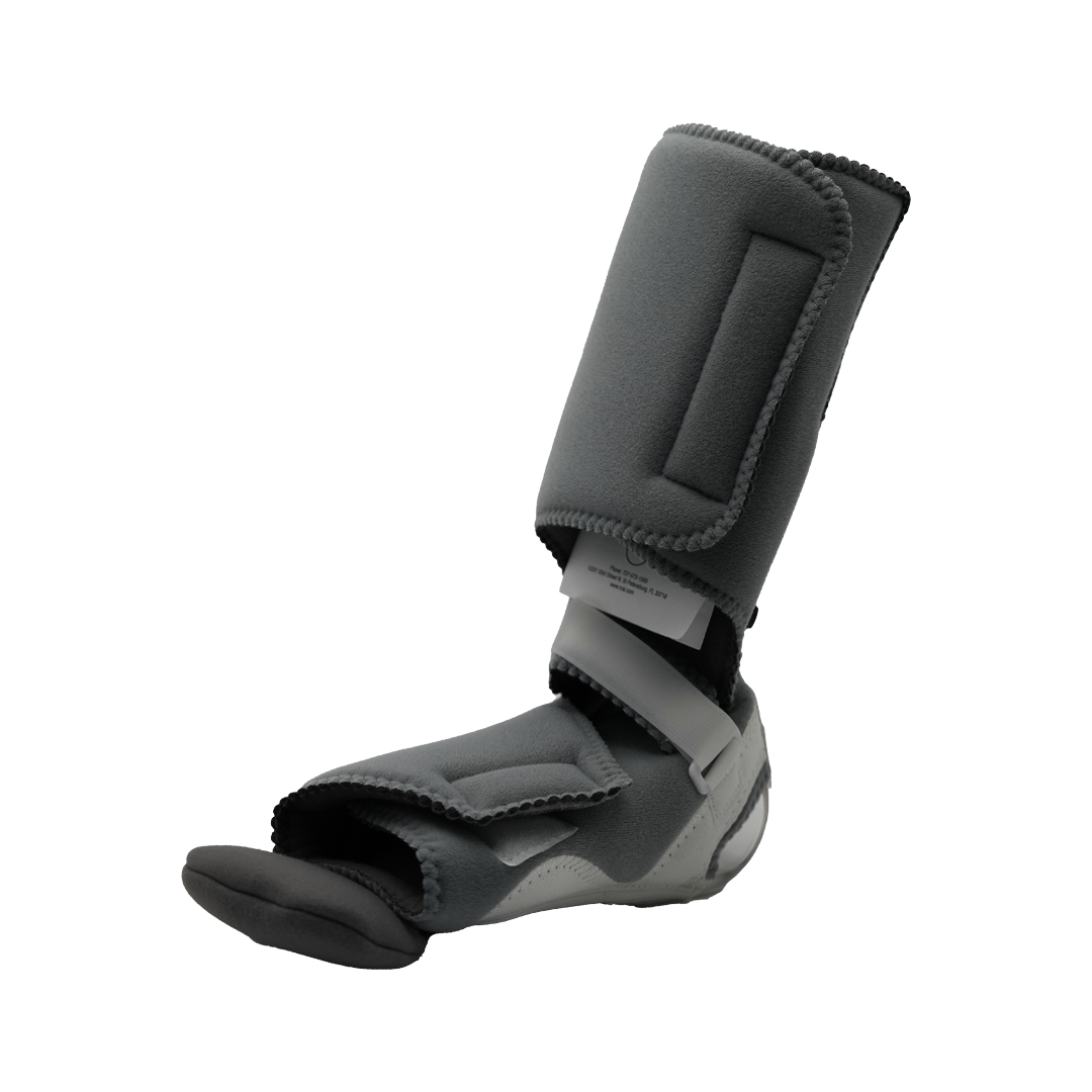 Black RCAI ankle-foot orthosis with padded calf support and adjustable Velcro straps.