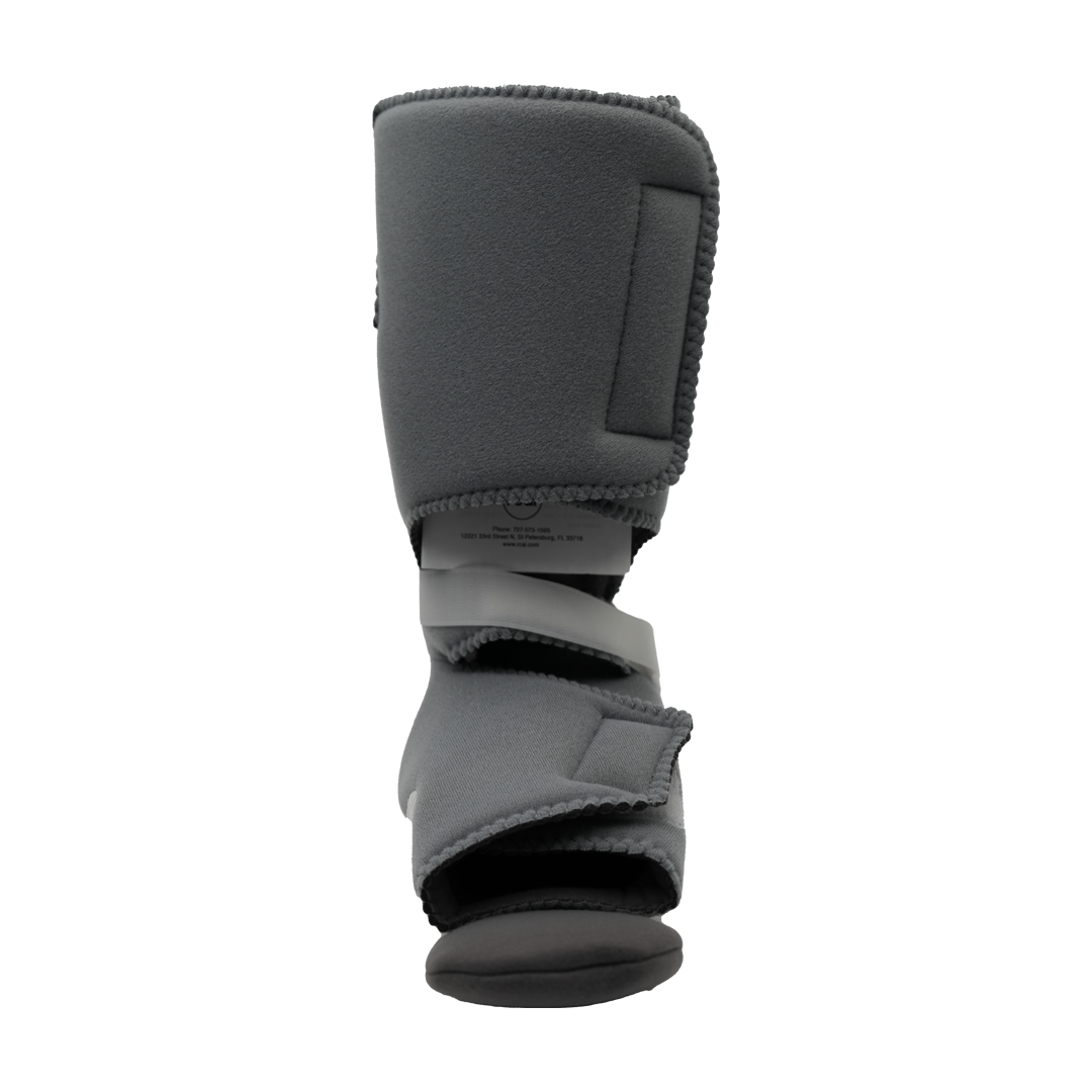 Gray RCAI Corrxit ankle foot orthosis with adjustable Velcro straps and cushioned interior lining.