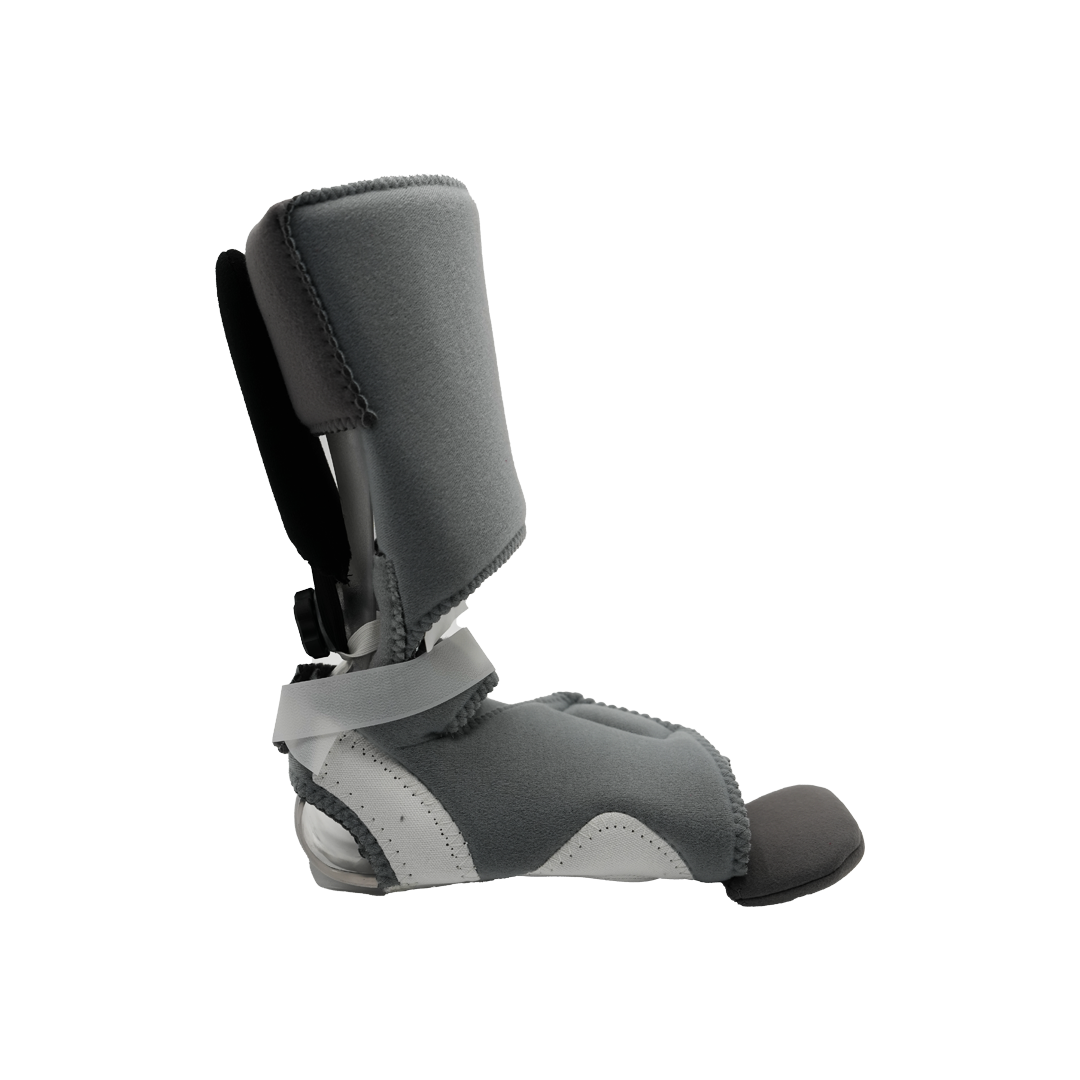 Gray and black ankle foot orthosis with padded calf support and adjustable straps.
