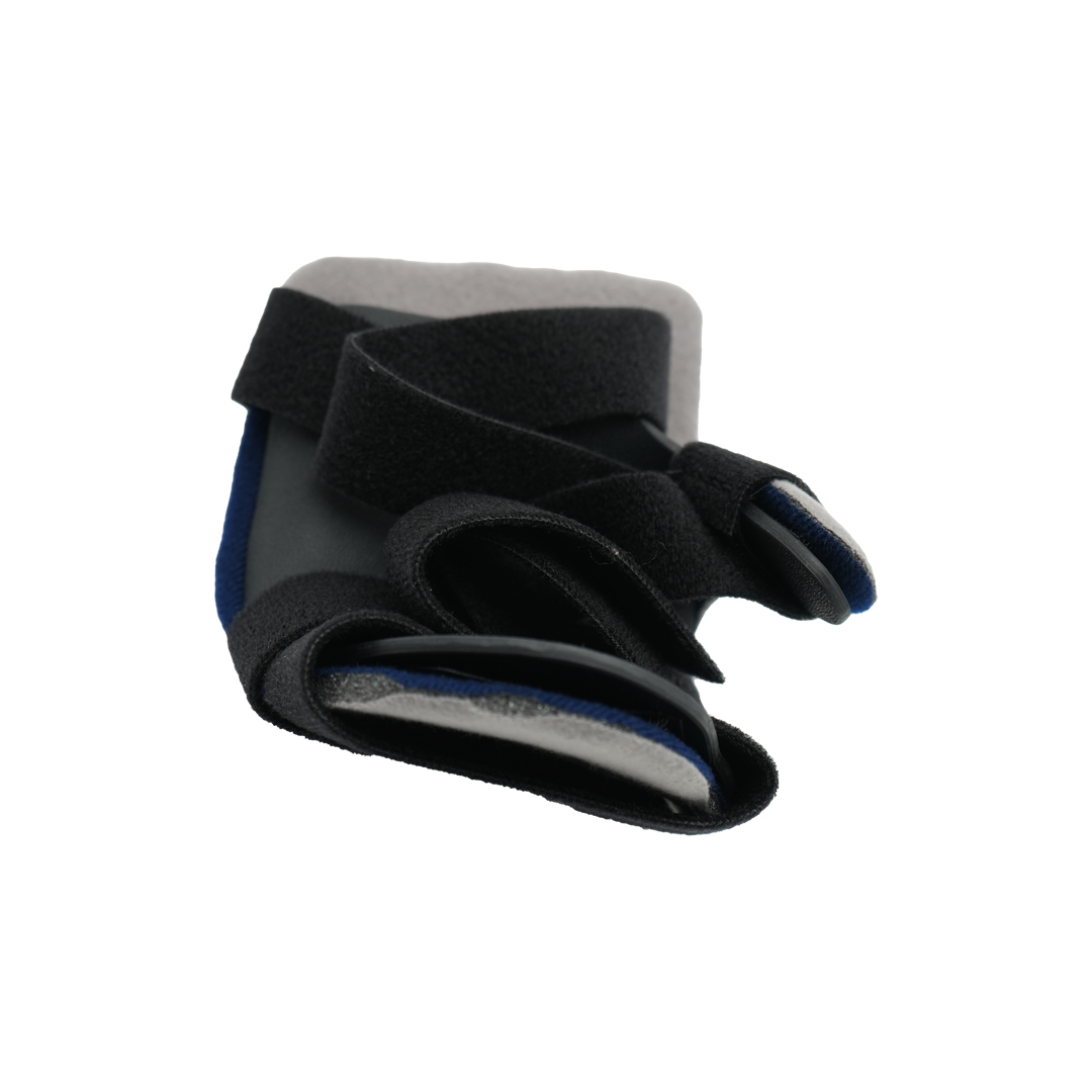 Black and blue Opponent Hand Orthosis with adjustable velcro straps for hand support and comfort.