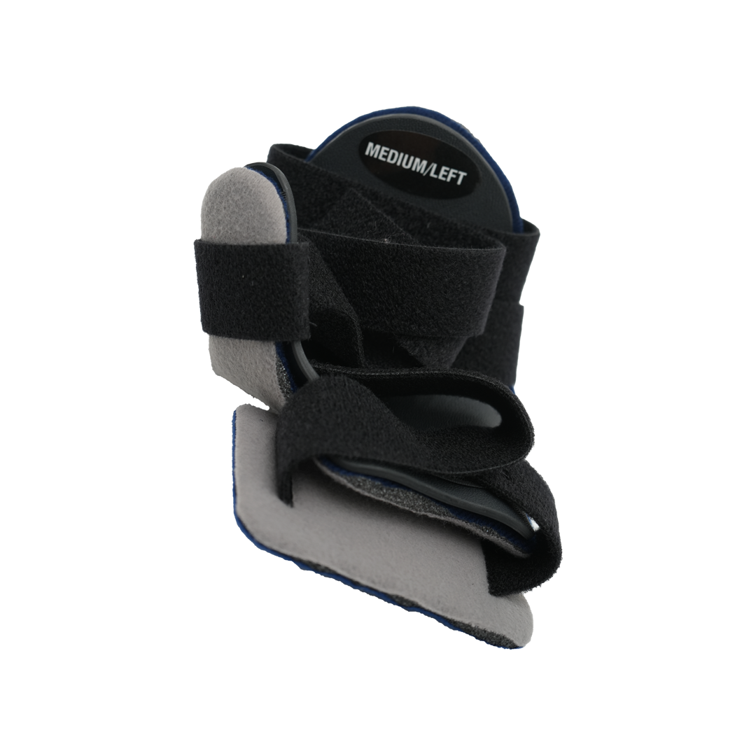 Gray and black medium left hand orthosis with adjustable Velcro straps and cushioned support.