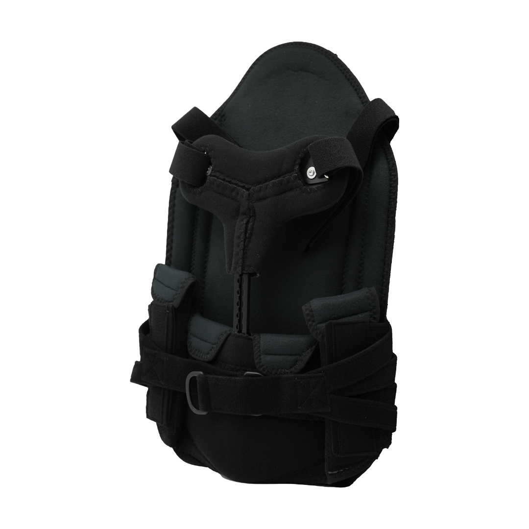 Black short front TLSO back brace with adjustable straps and padded interior lining.