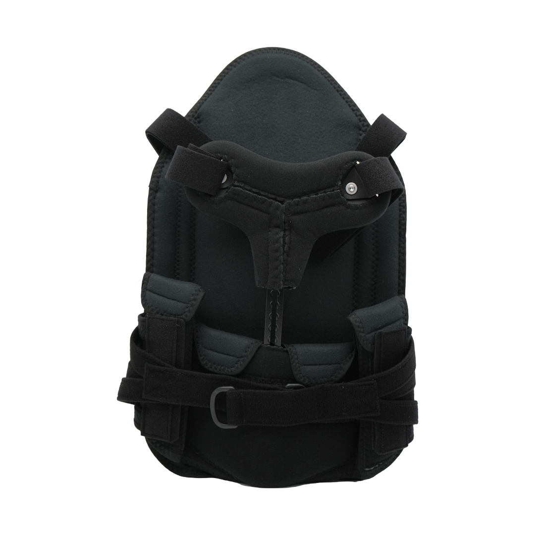 Black short front TLSO brace with adjustable straps and padded torso support.