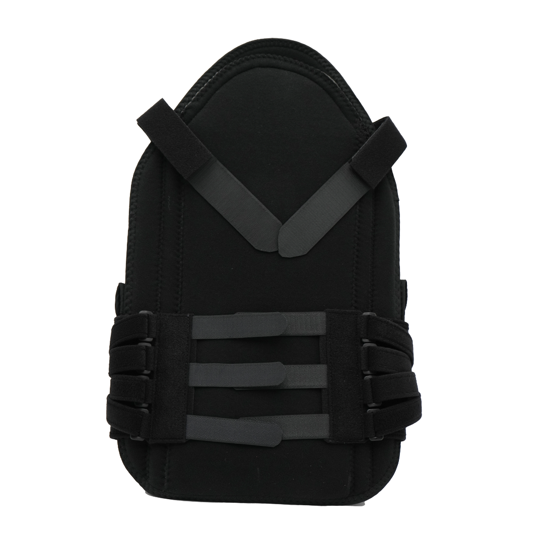 Black short front TLSO brace with adjustable straps and padded support panel.