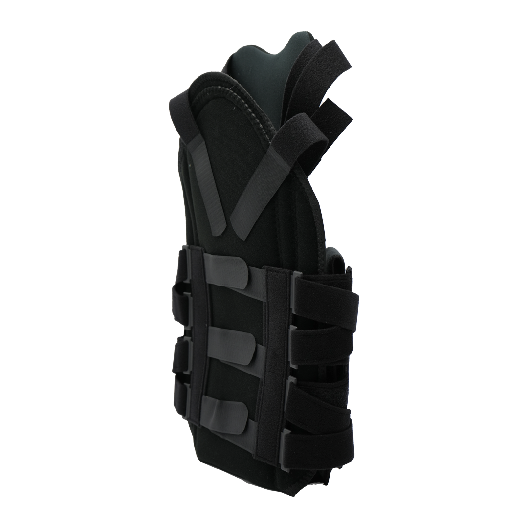Black short front TLSO brace with adjustable wide straps and rigid side panels.