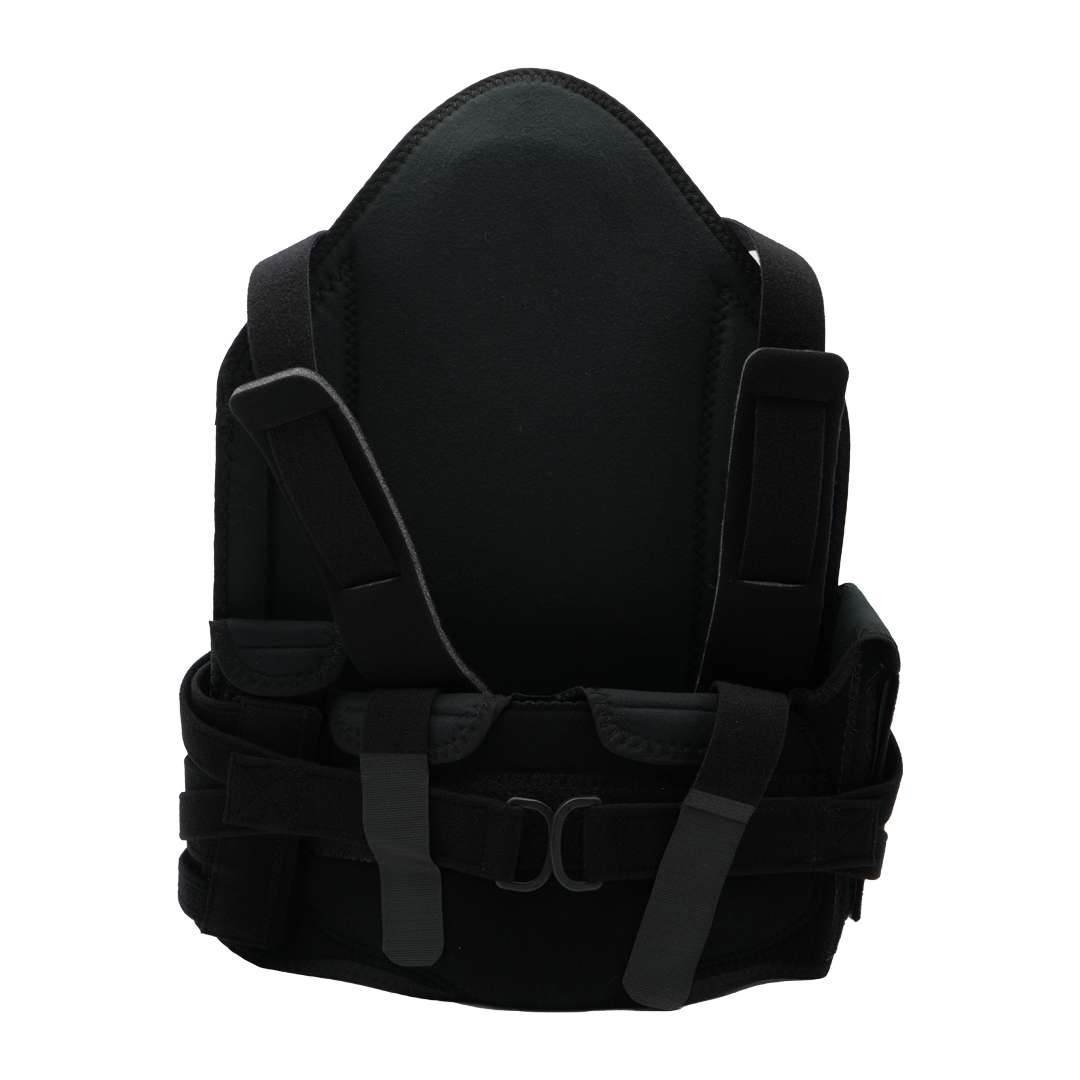 Black short front TLSO spinal brace with adjustable straps and padded support panel.