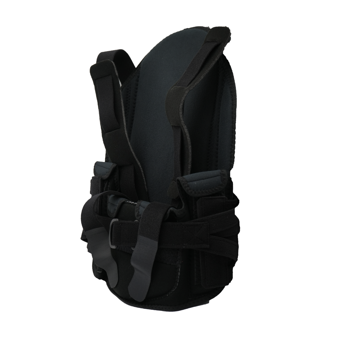 Black rigid TLSO back brace with adjustable padded straps and front closure panel.