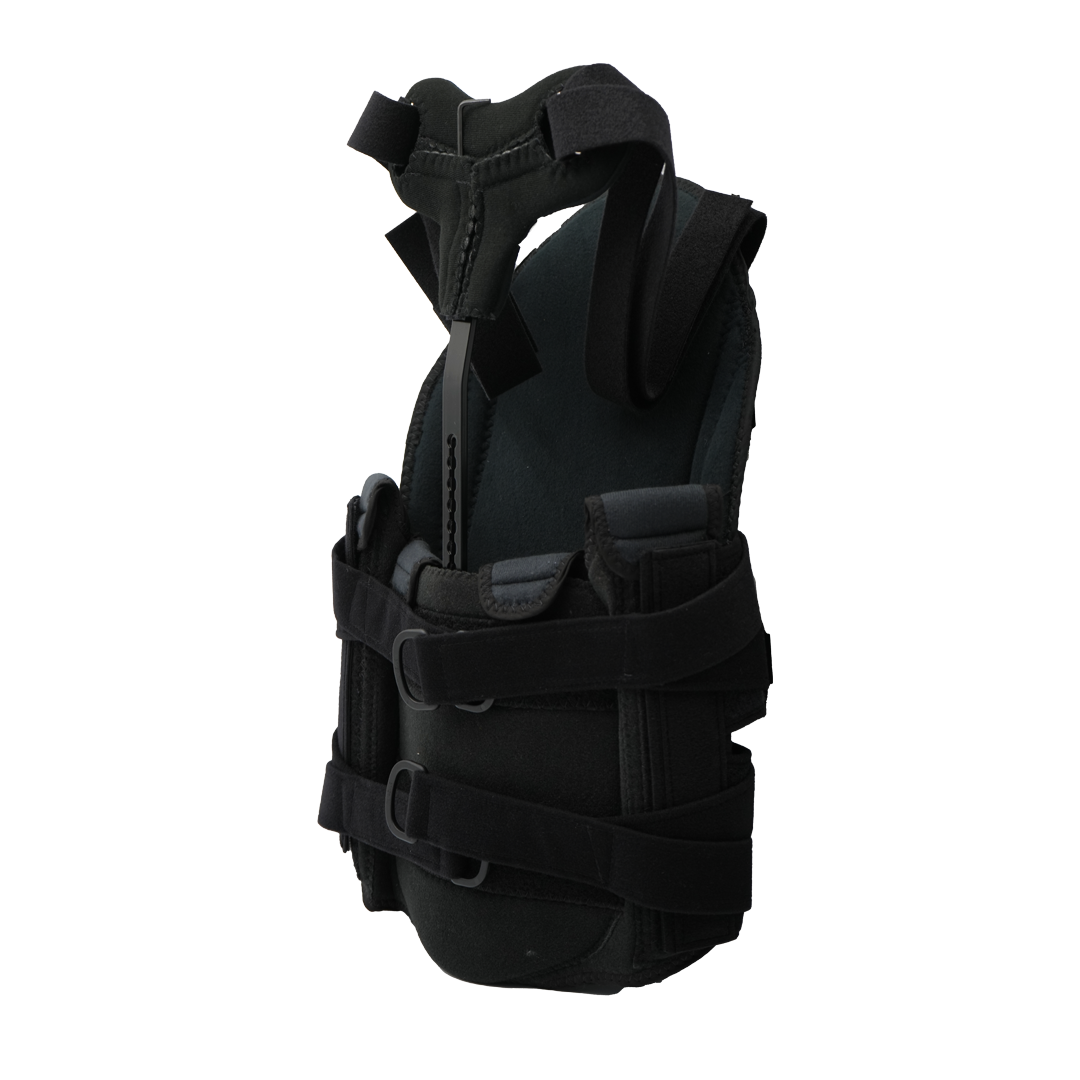 Black short front TLSO back brace with adjustable shoulder and waist straps.