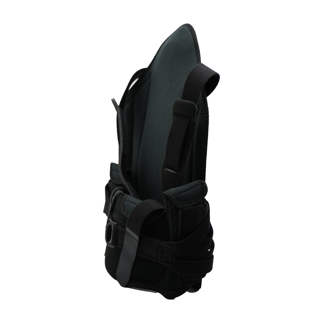Black rigid TLSO back brace with adjustable straps and padded front panel, short front design.