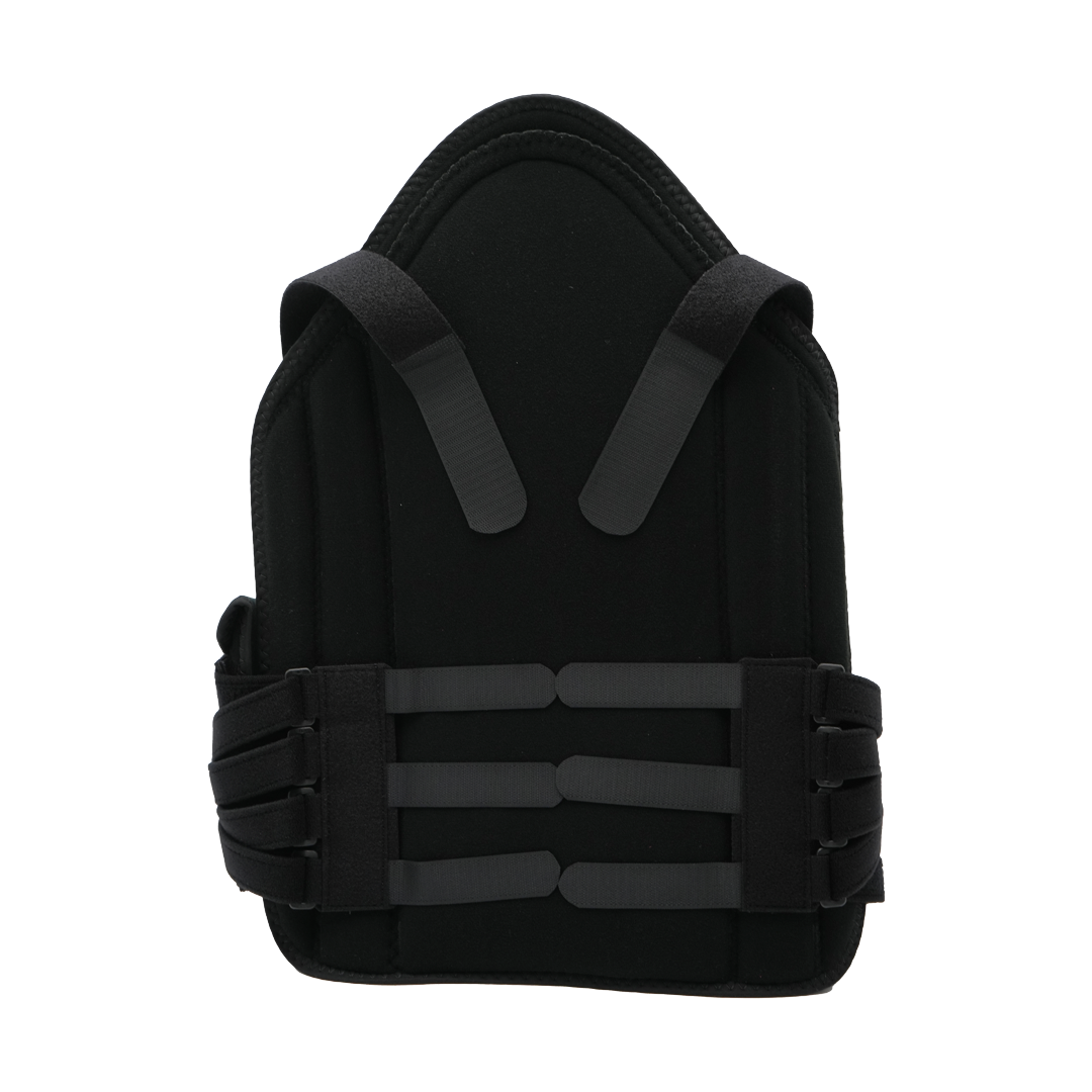Black short front TLSO back brace with adjustable straps and padded support.
