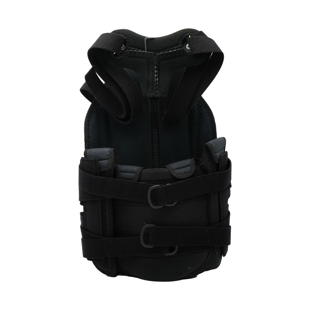 Black short front TLSO brace with adjustable side straps and padded interior lining.