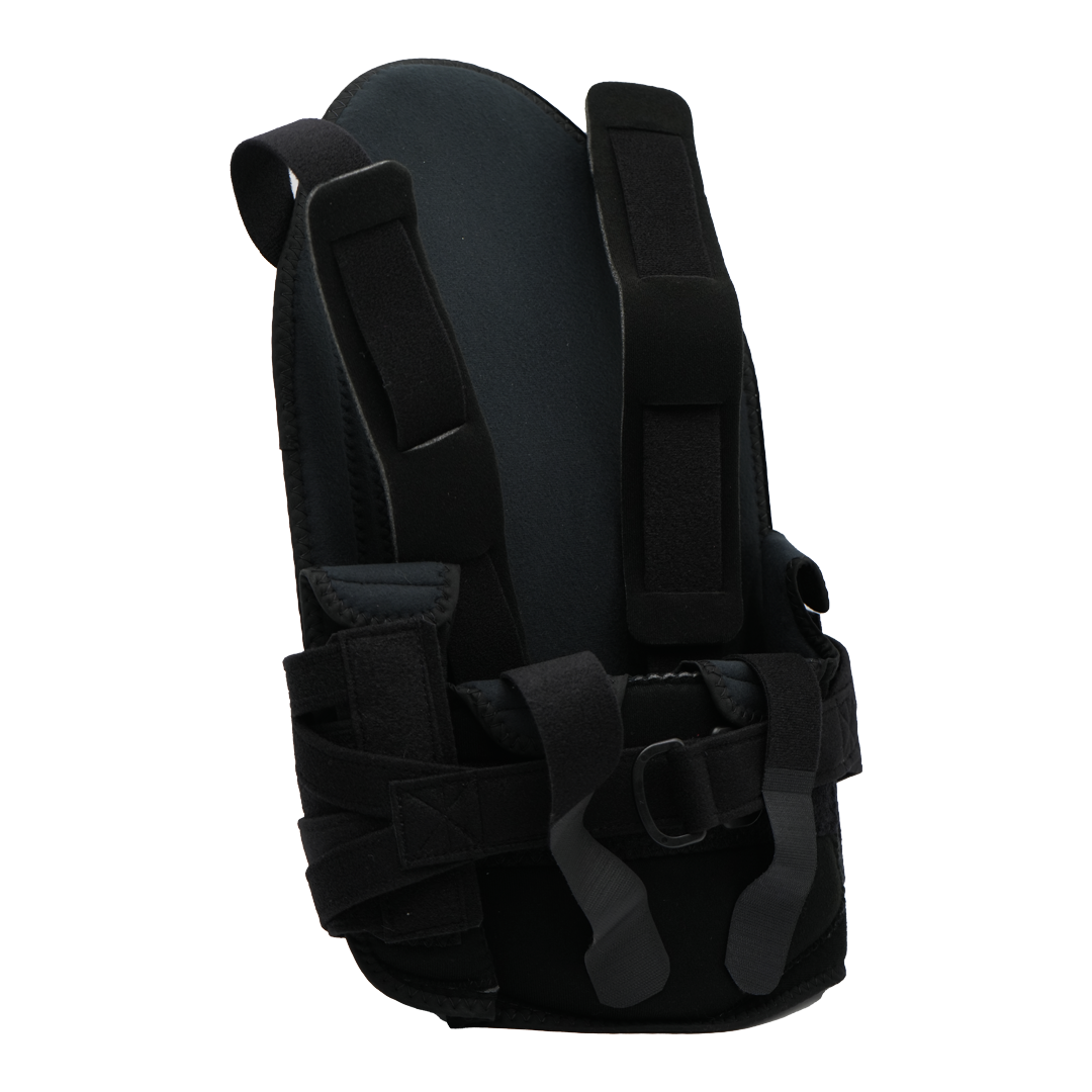 Black short front TLSO back brace with adjustable straps and cushioned support panels.