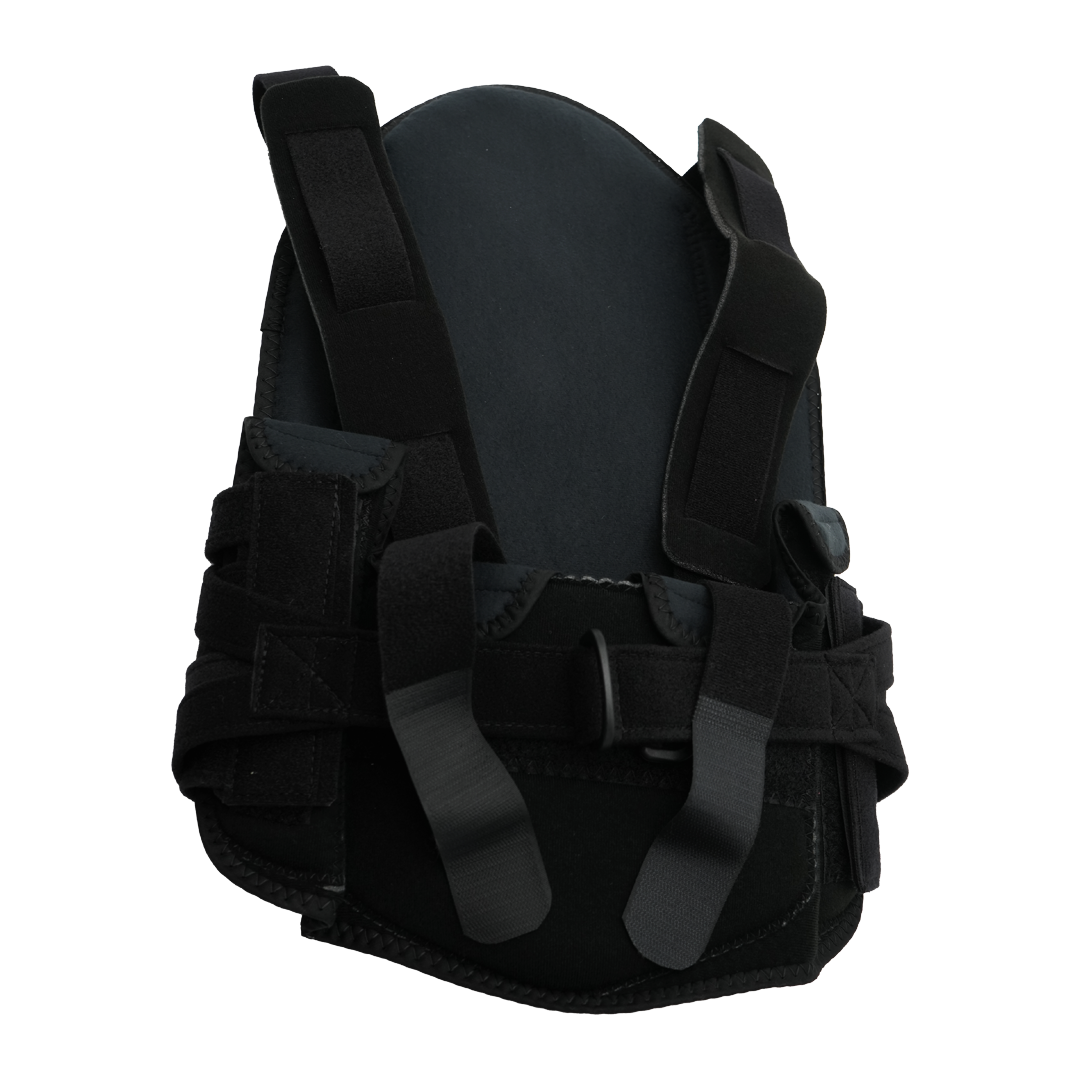 Black TLSO back brace with adjustable straps and padded support panels.