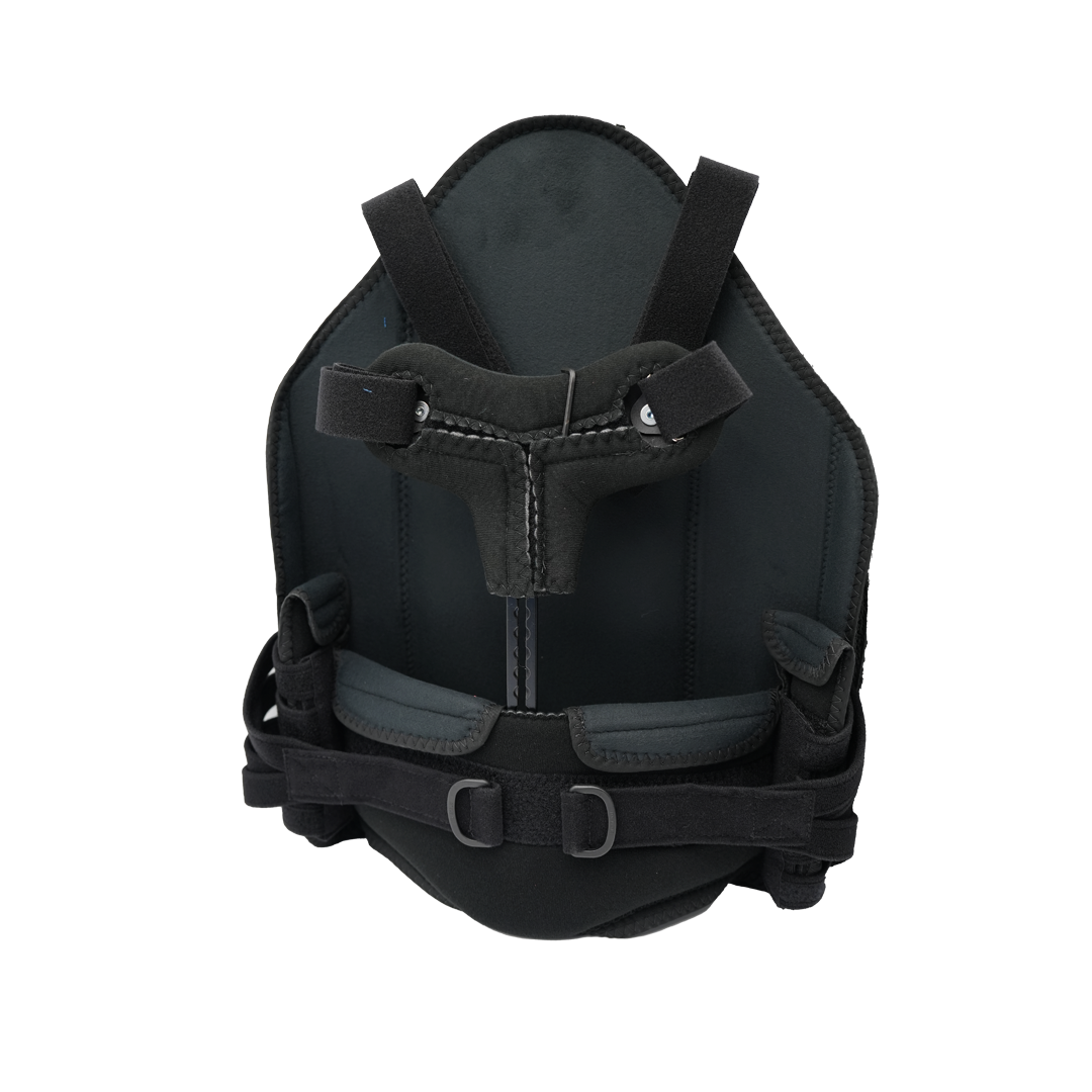 Black front-close TLSO back brace with adjustable straps and cushioned support panels.