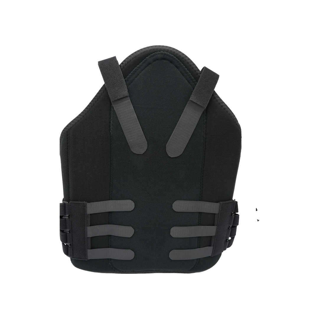 Black rigid back brace with adjustable straps and padded support panel.