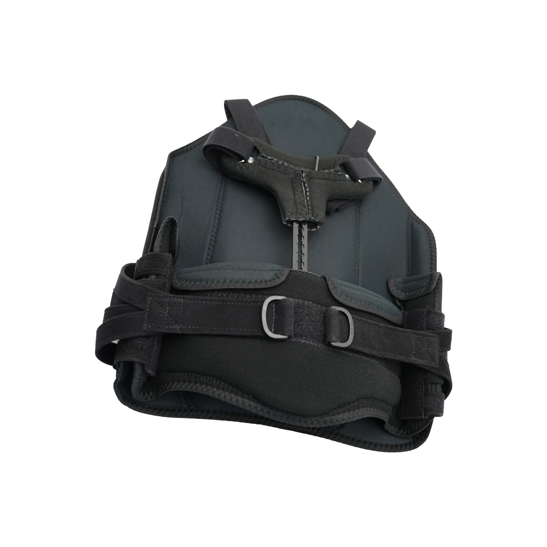 Black and dark gray rigid TLSO back brace with adjustable straps and metal buckle closures.